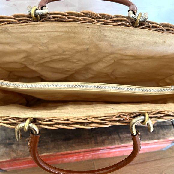 60's Straw & Beaded Tote Bag/Purse - Leather Handle - Boho - Mod - Coated Straw - Picture 8 of 9